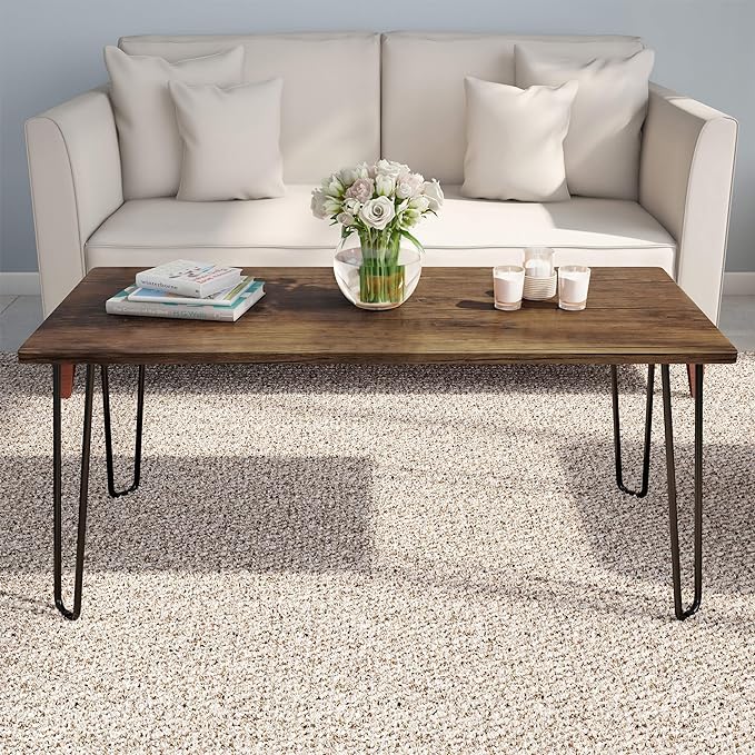 Lavish Home Coffee Table with Hairpin Legs-Modern Industrial Style Home Decor-Woodgrain-Look and Steel Accent Living Room Furniture, 41", Brown - LeafyLoom