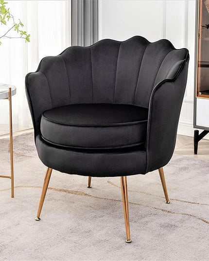 Velvet Barrel Accent Chair with Scalloped Silhouette and Gold Metal Legs, Decorative Piece Suitable for Traditional, Modern, and Contemporary Spaces, Black - LeafyLoom