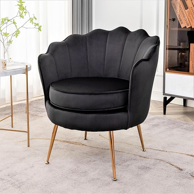 Velvet Barrel Accent Chair with Scalloped Silhouette and Gold Metal Legs, Decorative Piece Suitable for Traditional, Modern, and Contemporary Spaces, Black - LeafyLoom