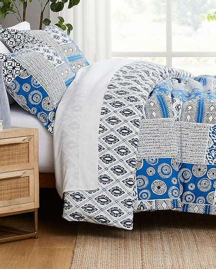Southshore Fine Living, Inc. Twin Size Comforter Set with Pillow Sham, Reversible Global Patchwork Quilt is 2 Colors in 1 - Alternative Down Comforter Twin/Twin XL, Soft Microfiber, Blue & White - LeafyLoom