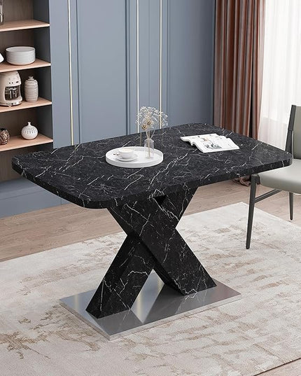 NicBex Dining Table Contemporary Kitchen Table Farmhouse Rustic Square Dining Table, Stretchable, Printed Black Marble Table Top+MDF X-Shape Table Leg with Metal Base, Easy Assembly, Black - LeafyLoom