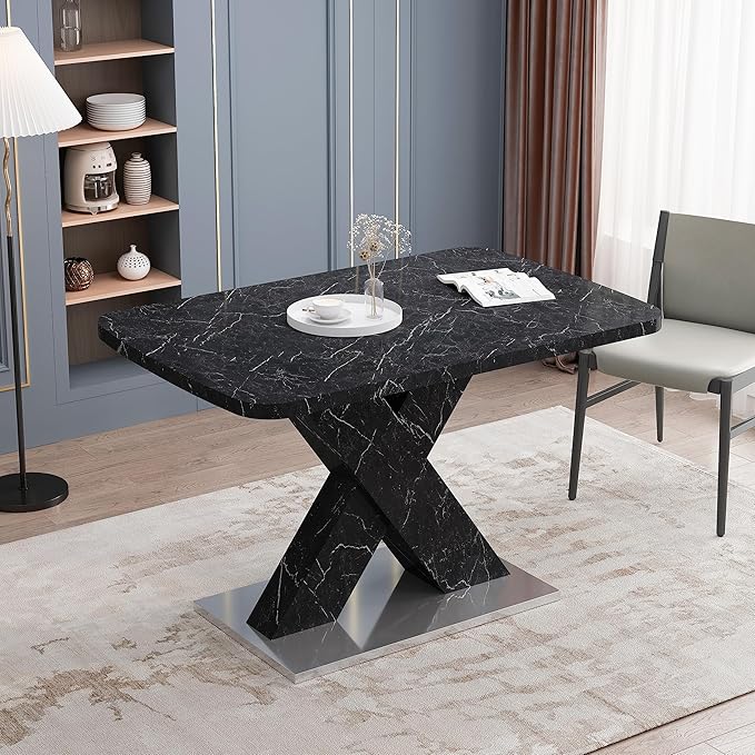 NicBex Dining Table Contemporary Kitchen Table Farmhouse Rustic Square Dining Table, Stretchable, Printed Black Marble Table Top+MDF X-Shape Table Leg with Metal Base, Easy Assembly, Black - LeafyLoom
