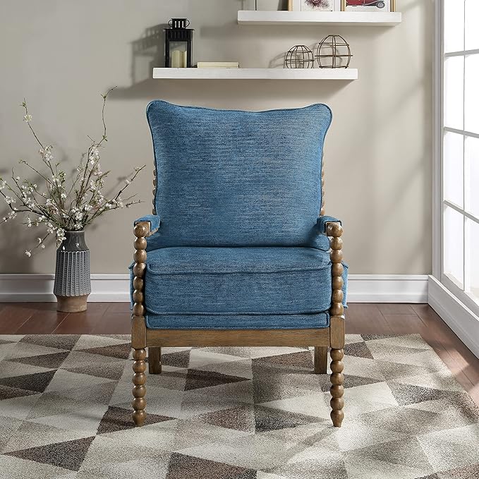 OSP Home Furnishings Fletcher Spindle Accent Chair with Rustic Brown Finish, Navy Blue Upholstery - LeafyLoom