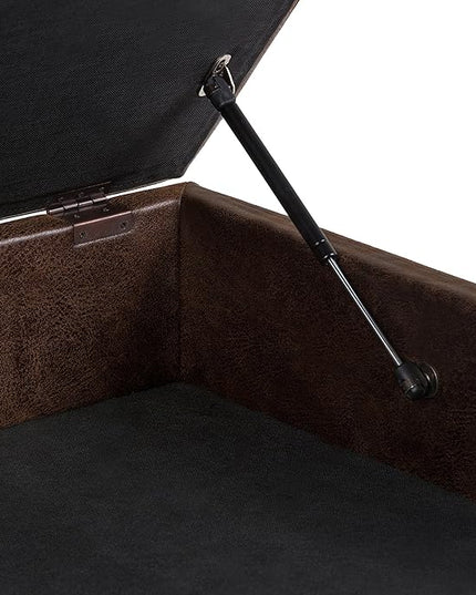 SIMPLIHOME Owen 36 Inch Wide Mid Century Modern Square Coffee Table Lift Top Storage Ottoman in Upholstered Distressed Chestnut Brown Faux Leather, For the Living Room - LeafyLoom
