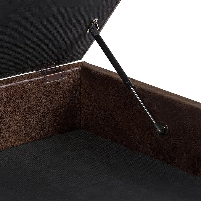 SIMPLIHOME Owen 36 Inch Wide Mid Century Modern Square Coffee Table Lift Top Storage Ottoman in Upholstered Distressed Chestnut Brown Faux Leather, For the Living Room - LeafyLoom