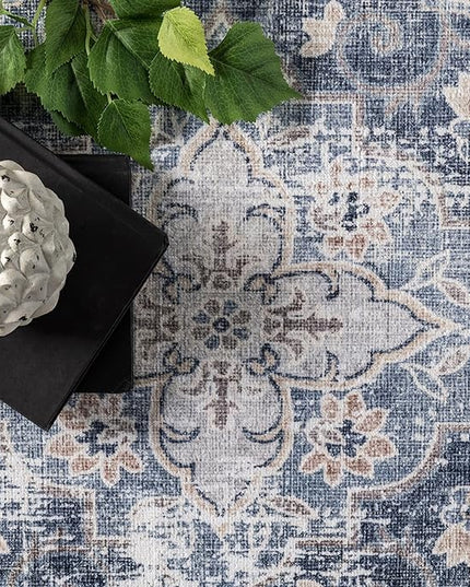 nuLOOM Elsa Floral Blossom Machine Washable Ultra Thin Area Rug, 5x8, Blue - LeafyLoom