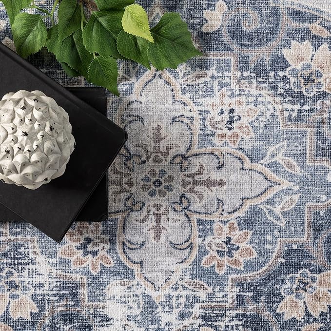 nuLOOM Elsa Floral Blossom Machine Washable Ultra Thin Area Rug, 4' x 6', Blue - LeafyLoom