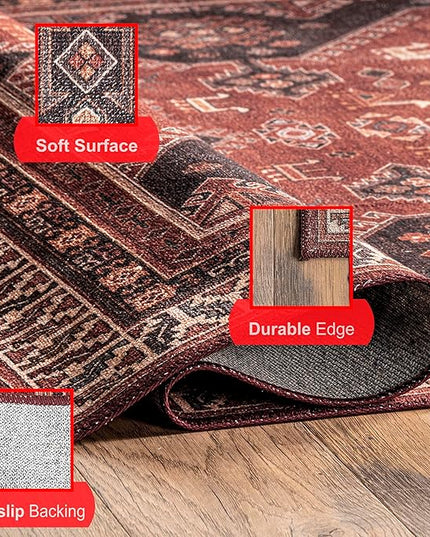 nuLOOM Kathryn Machine Washable Traditional Rustic Ultra Thin Area Rug, 8' x 10', Red - LeafyLoom