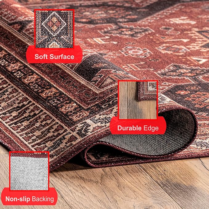 nuLOOM Kathryn Machine Washable Traditional Rustic Ultra Thin Area Rug, 8' x 10', Red - LeafyLoom