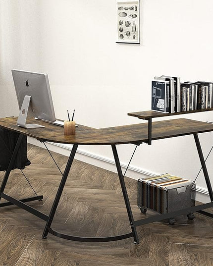 SHW Vista L-Shape Desk with Monitor Stand, Rustic Brown - LeafyLoom