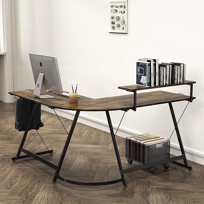 SHW Vista L-Shape Desk with Monitor Stand, Rustic Brown - LeafyLoom