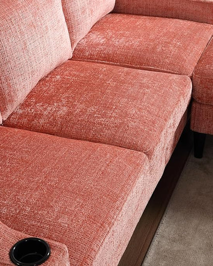 Convertible Sectional Sofa with Movable Storage Ottoman and Cupholders, 3 Seater L-Shaped Corner Couch,Chenille Upholstered Furniture w/Detachable Thicked Cushions for Living Room, Small Space - LeafyLoom