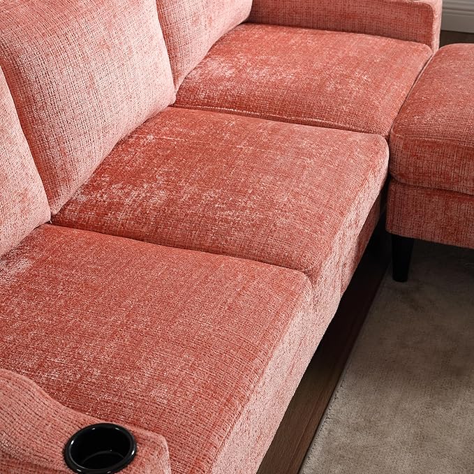 Convertible Sectional Sofa with Movable Storage Ottoman and Cupholders, 3 Seater L-Shaped Corner Couch,Chenille Upholstered Furniture w/Detachable Thicked Cushions for Living Room, Small Space - LeafyLoom