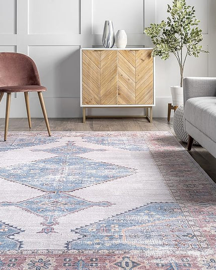 nuLOOM Olga Machine Washable Distressed Vintage Medallion Ultra Thin Area Rug, 8' x 10', Blue - LeafyLoom