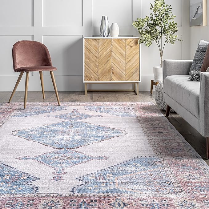 nuLOOM Olga Machine Washable Distressed Vintage Medallion Ultra Thin Area Rug, 8' x 10', Blue - LeafyLoom