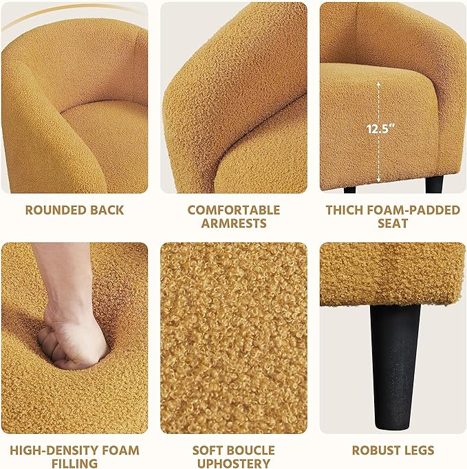 Yaheetech Accent Chair, Cozy Living Room Chairs with Soft Padded, Furry Sherpa Barrel Chair Sturdy Legs, Modern Armchair for Living Room Bedroom Reception Room Office, Mustard Yellow - LeafyLoom