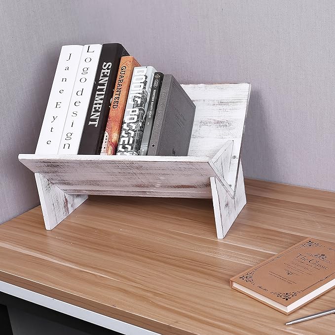 MyGift Shabby Whitewashed Wood Bookcase with Tilted Design, Decorative Storage Organizer Display Bookshelf - LeafyLoom