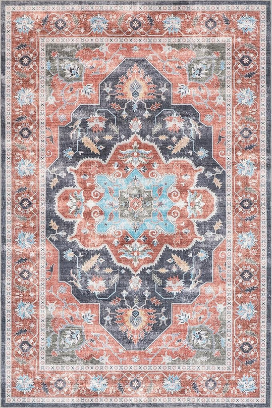 nuLOOM Jay Persian Medallion Machine Washable Ultra Thin Area Rug, 8' x 10', Red - LeafyLoom