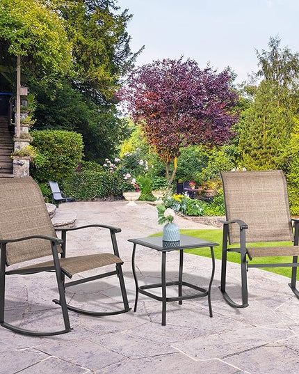 Shintenchi 3 Piece Rocking Bistro Set, Outdoor Furniture with Rocker Chairs and Glass coffee table set of 3, Balcony, Porch Furniture for Small Space, Brown - LeafyLoom