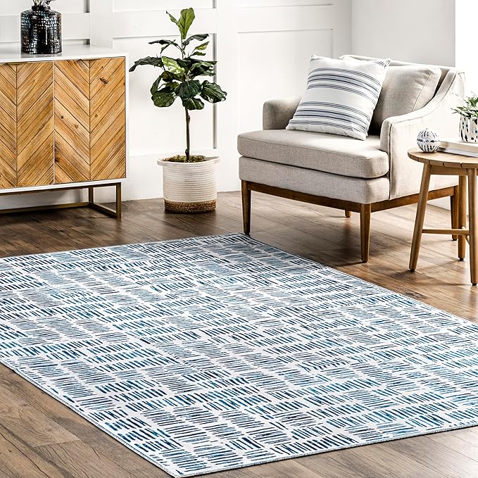 nuLOOM Mitzi Abstract Lines Machine Washable Ultra Thin Area Rug, 8' x 10', Blue - LeafyLoom