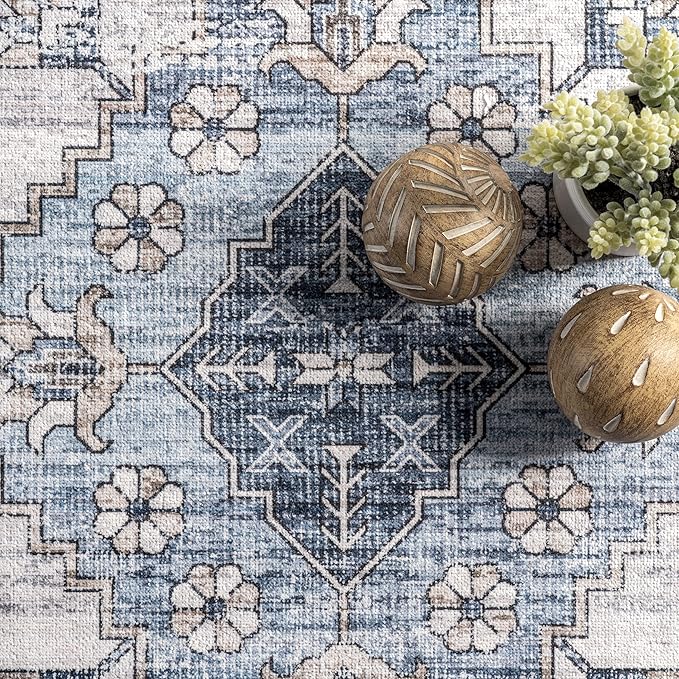 nuLOOM Dania Machine Washable Medallion Ultra Thin Area Rug, 9' x 12', Navy - LeafyLoom