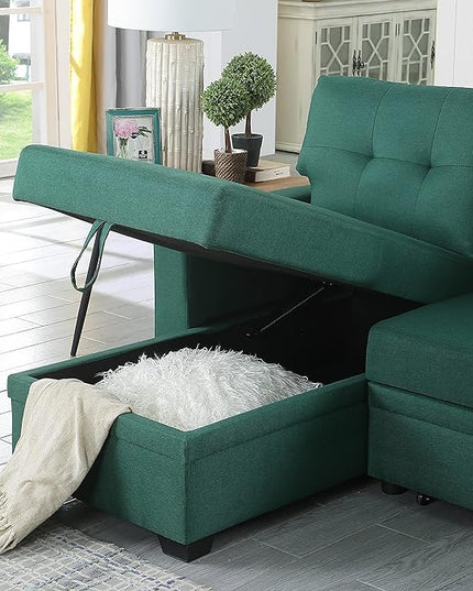 82 Inch Convertible L Shaped Sleeper Sectional Sofa Linen with Storage Chaise, Pull Out Bed,Reversible Corner Couch Design, 82inch, Green - LeafyLoom