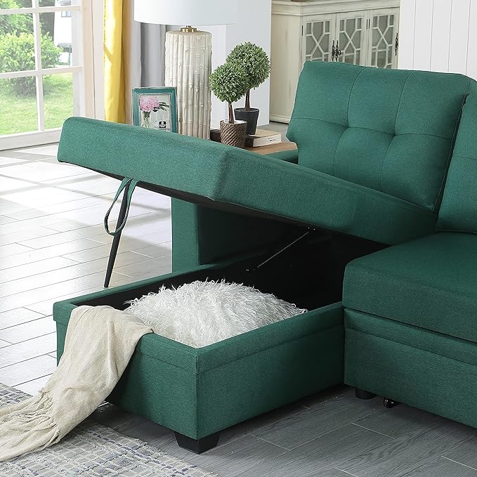 82 Inch Convertible L Shaped Sleeper Sectional Sofa Linen with Storage Chaise, Pull Out Bed,Reversible Corner Couch Design, 82inch, Green - LeafyLoom