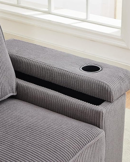 Modern Living Room Upholstered 3 Seater Sofa Couch Deep Seat Soft Corduroy Sofa&Couch with Storage Armrests, 2 Cupholders, Type-C and USB Charging Ports for Home, Apartment, Office - LeafyLoom