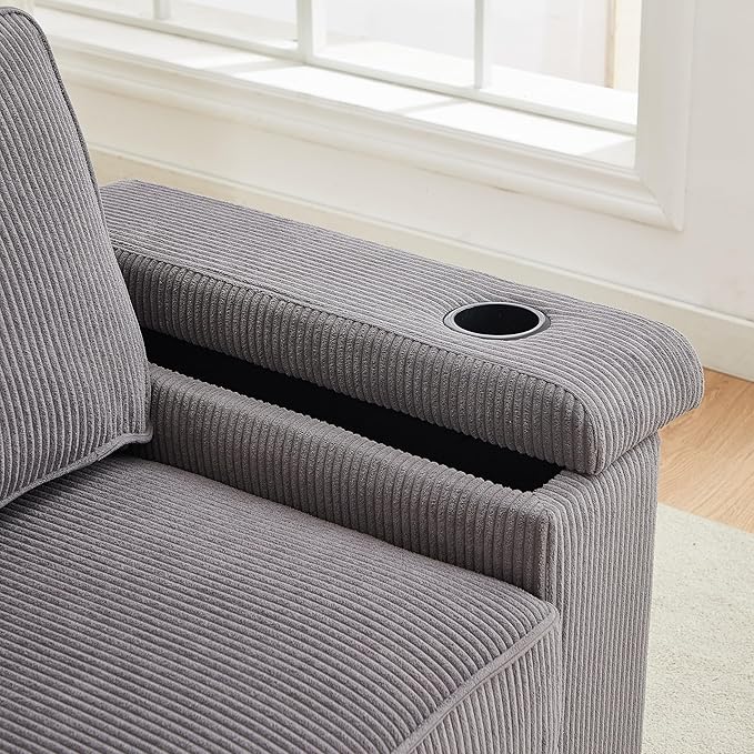 Modern Living Room Upholstered 3 Seater Sofa Couch Deep Seat Soft Corduroy Sofa&Couch with Storage Armrests, 2 Cupholders, Type-C and USB Charging Ports for Home, Apartment, Office - LeafyLoom