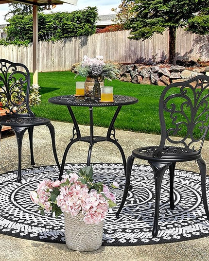 NUU GARDEN 3 Piece Bistro Set Outdoor, All Weather Cast Aluminum Patio Bistro Sets Patio Table and Chairs Set of 2 with Umbrella Hole for Yard, Balcony, Black, Butterfly Backrest - LeafyLoom