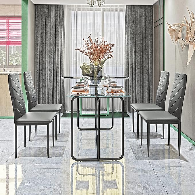 NicBex Dining Table Contemporary Kitchen Table Farmhouse Rustic 1-Piece Rectangle Dining Table with Black Metal Frame, Tempered Glass Dining Table for Kitchen Room, Easy Assembly, Transparent+Black - LeafyLoom