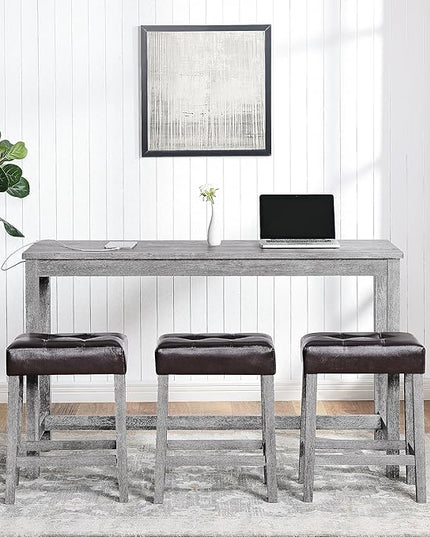 4 Piece Bar Dining Set with Power Outlet, Industrial Solid Wood Breakfast w/ 3 Upholstered Stools, Modern Bistro Table & Chairs Furniture for Kitchen, Living Room, Apartment, Light Gray - LeafyLoom