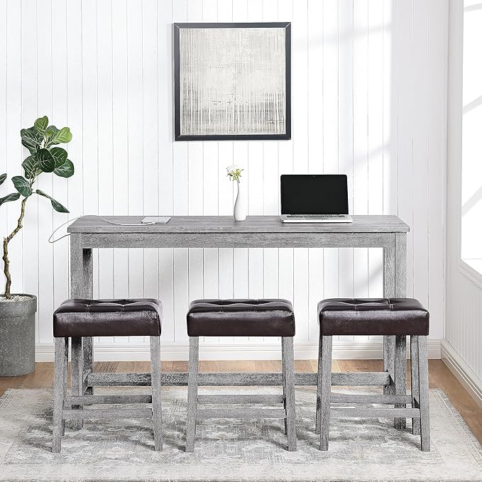 4 Piece Bar Dining Set with Power Outlet, Industrial Solid Wood Breakfast w/ 3 Upholstered Stools, Modern Bistro Table & Chairs Furniture for Kitchen, Living Room, Apartment, Light Gray - LeafyLoom