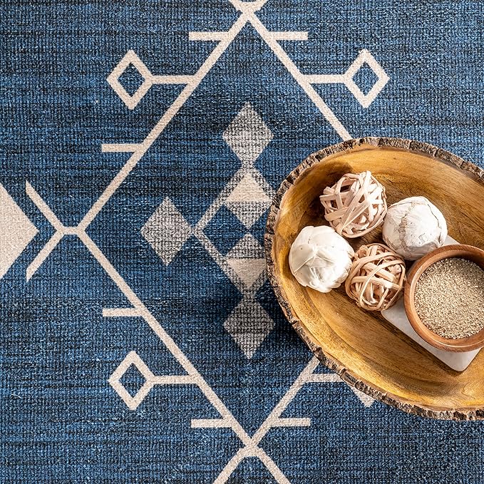 nuLOOM Evalyn Southwestern Machine Washable Ultra Thin Area Rug, 5x8, Navy - LeafyLoom