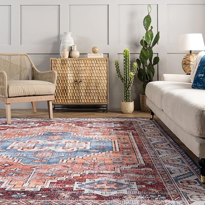 nuLOOM Marli Machine Washable Faded Medallion Ultra Thin Runner Rug, 2' 6" x 8', Rust - LeafyLoom