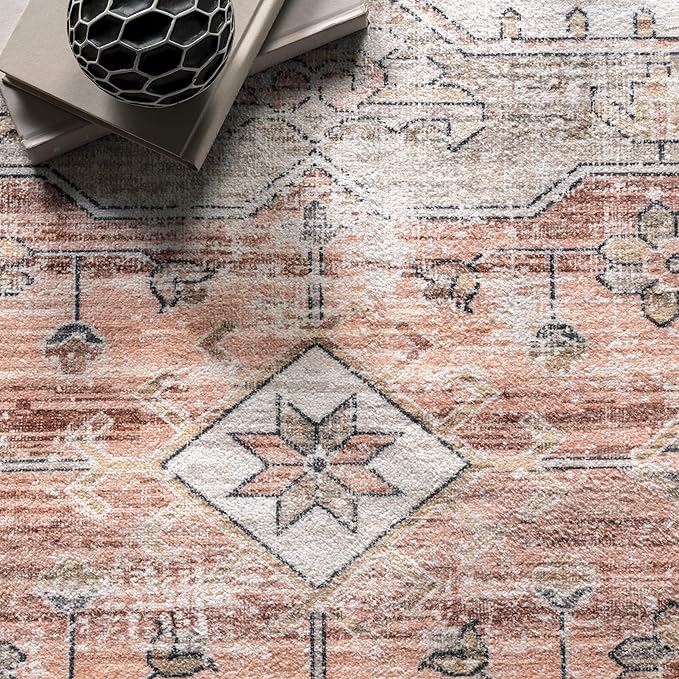 nuLOOM 8x10 Machine Washable Rain Haven Vintage Medallion Area Rug, Beige, Traditional Faded Design, Non-Slip Backing, Stain Resistant, For Bedroom, Dining Room, Living Room, Kitchen - LeafyLoom