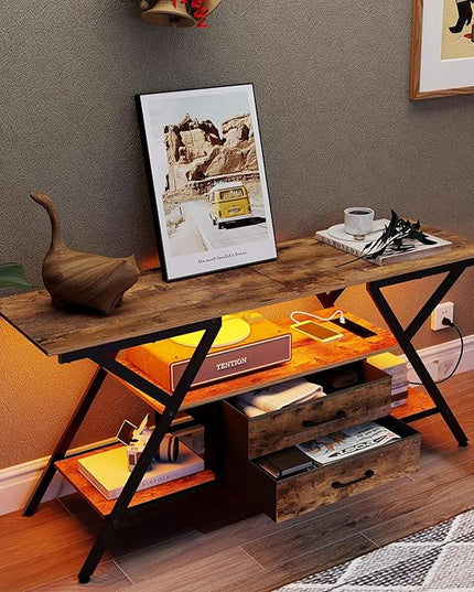 Modern 55" TV Stand with Power Outlet for TV up to 65 Inch, LED and 2 Storage Fabric Drawers, Entertainment Center with Charging Station for Living Room Bedroom (Rustic Brown) - LeafyLoom