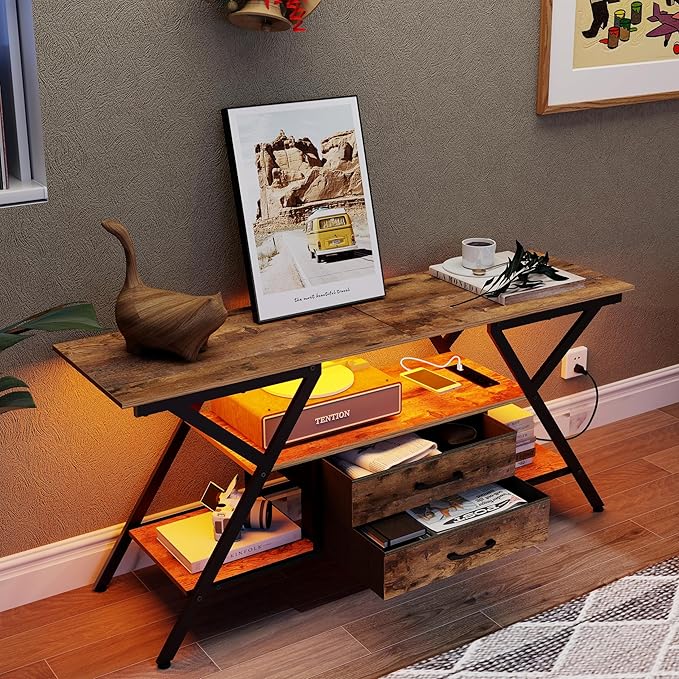Modern 55" TV Stand with Power Outlet for TV up to 65 Inch, LED and 2 Storage Fabric Drawers, Entertainment Center with Charging Station for Living Room Bedroom (Rustic Brown) - LeafyLoom