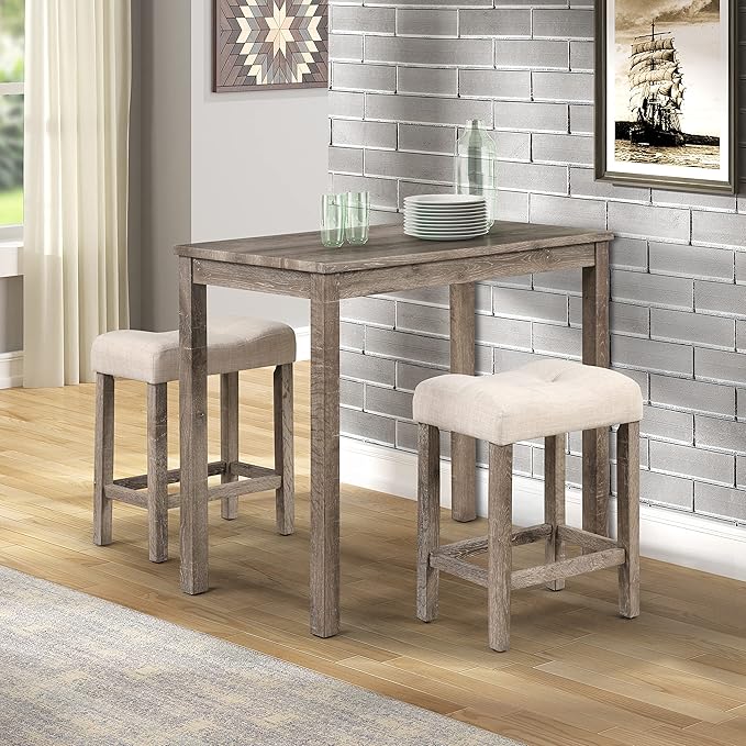 Roundhill Furniture Sora Wood 3-Piece Counter Height Dining Set, Taupe - LeafyLoom
