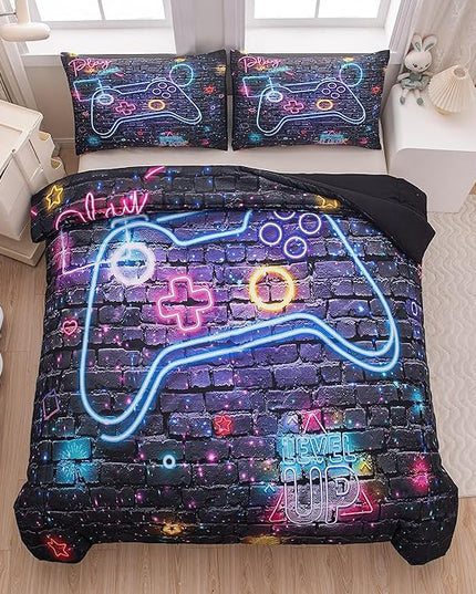 NINENINE Gaming Bedding Sets for Boys 5PCS Queen Size Comforter Gamer Contoller Video Bed in A Bag Kids Teens Black Bedding Comforter Sheet Set(1Comforter, 1Flat Sheet, 1Fitted Sheet, 2Pillowcases) - LeafyLoom