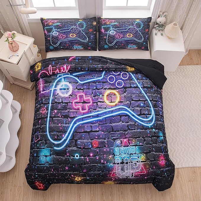 NINENINE Gamer Bedding Sets for Boys 5PCS Full Size Gaming Comforter Bed in A Bag Gamer Contoller Video Kids Teens Gamer Comforter Sets (1Comforter, 1Flat Sheet, 1Fitted Sheet, 2Pillowcases) - LeafyLoom