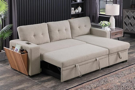 L Shaped Sectional Sofa Storage Chaise, Upholstered Convertible Couch Pull Out Sleeper Bed, Armrest with Hidden Shelves, USB Port & Cup Holder for Living Room Apartment, Light Gray, 92 - LeafyLoom