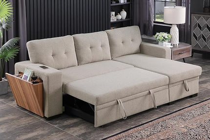 92 inch Convertible L-Shaped Sleeper Sectional Sofa with Storage Chaise,Reversible Couch with Side Open Cup Holder for Apartment, Dorm, Living Room, 92inch, Light Gray-4 - LeafyLoom