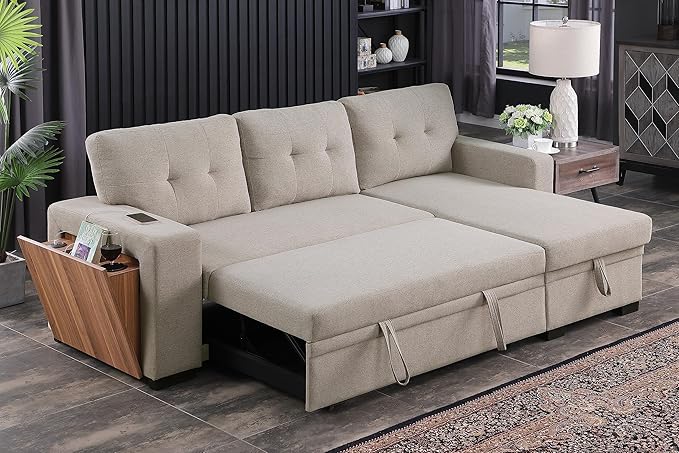 92 inch Convertible L-Shaped Sleeper Sectional Sofa with Storage Chaise,Reversible Couch with Side Open Cup Holder for Apartment, Dorm, Living Room, 92inch, Light Gray-4 - LeafyLoom