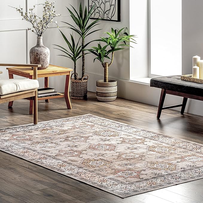 nuLOOM Finley Machine Washable Vintage Distressed Ultra Thin Area Rug, 6' x 9', Beige - LeafyLoom