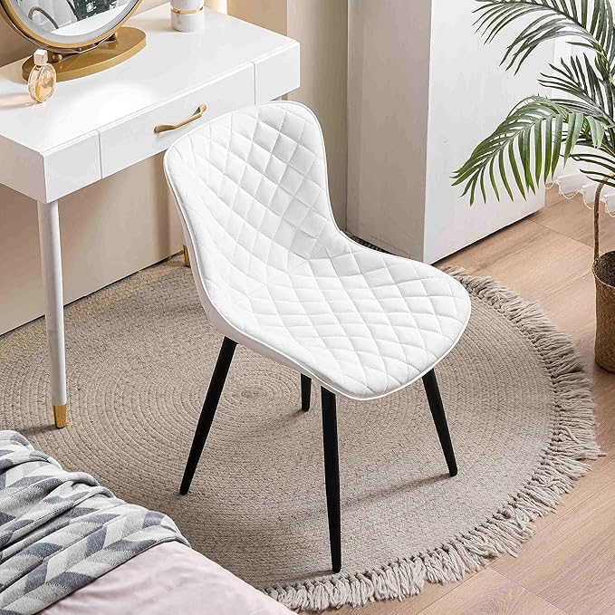 YOUTASTE White Dining Chairs Set of 2 Mid Century Modern Kitchen Chairs PU Leather Armless Upholstered Accent Dinner Chair with Back Metal Legs for Guest Reception Waiting Living Room - LeafyLoom