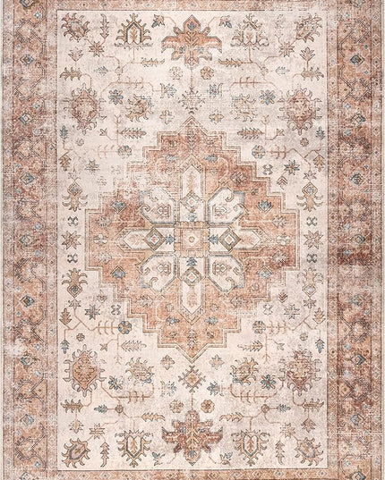 nuLOOM Dawson Machine Washable Distressed Medallion Ultra Thin Area Rug, 6' x 9', Peach - LeafyLoom
