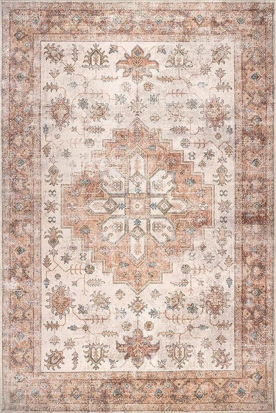 nuLOOM Dawson Machine Washable Distressed Medallion Ultra Thin Area Rug, 6' x 9', Peach - LeafyLoom