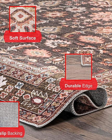 nuLOOM Cathie Persian Floral Machine Washable Ultra Thin Area Rug, 5' x 8', Beige - LeafyLoom