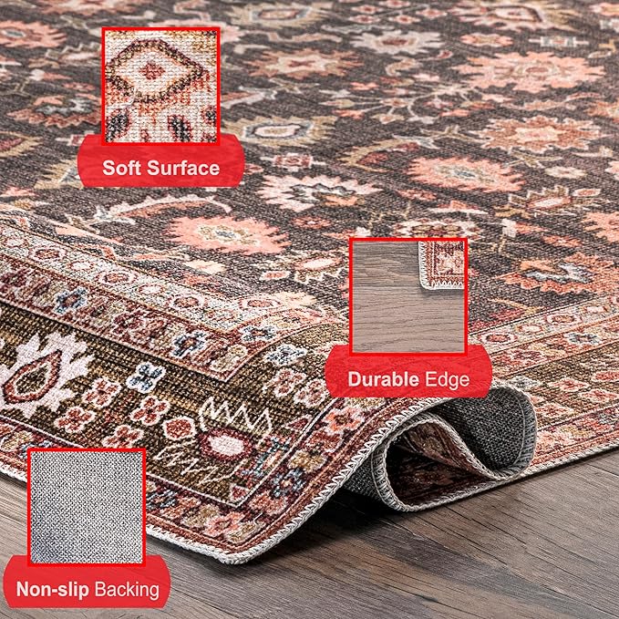 nuLOOM Cathie Persian Floral Machine Washable Ultra Thin Area Rug, 8' x 10', Beige - LeafyLoom